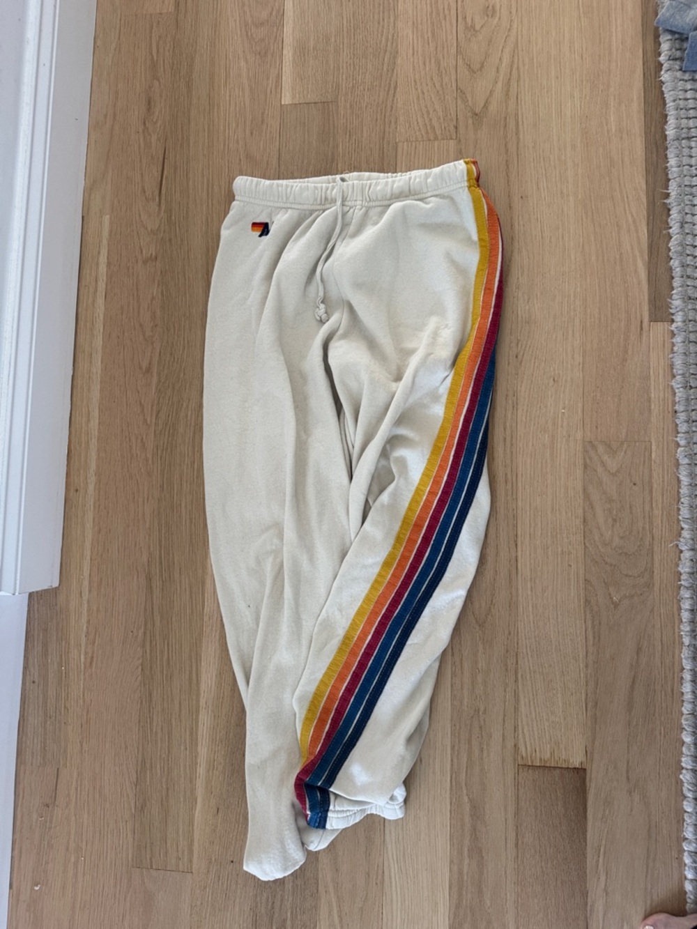 Aviator Nation Women’s Cream Beige Sweatpants medium Joggers Rainbow Side Stripe